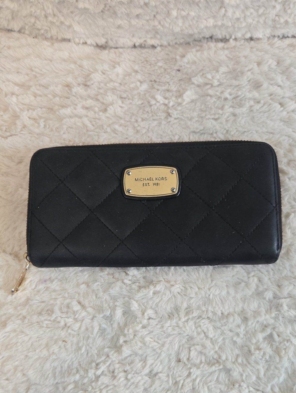 Michael Kors Black Quilted Zip Wallet with Gold Plaque